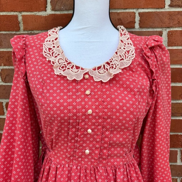 Vintage Candi Jones California Red Floral Print Long Sleeve Dress Ruffles Lace - Picture 3 of 9